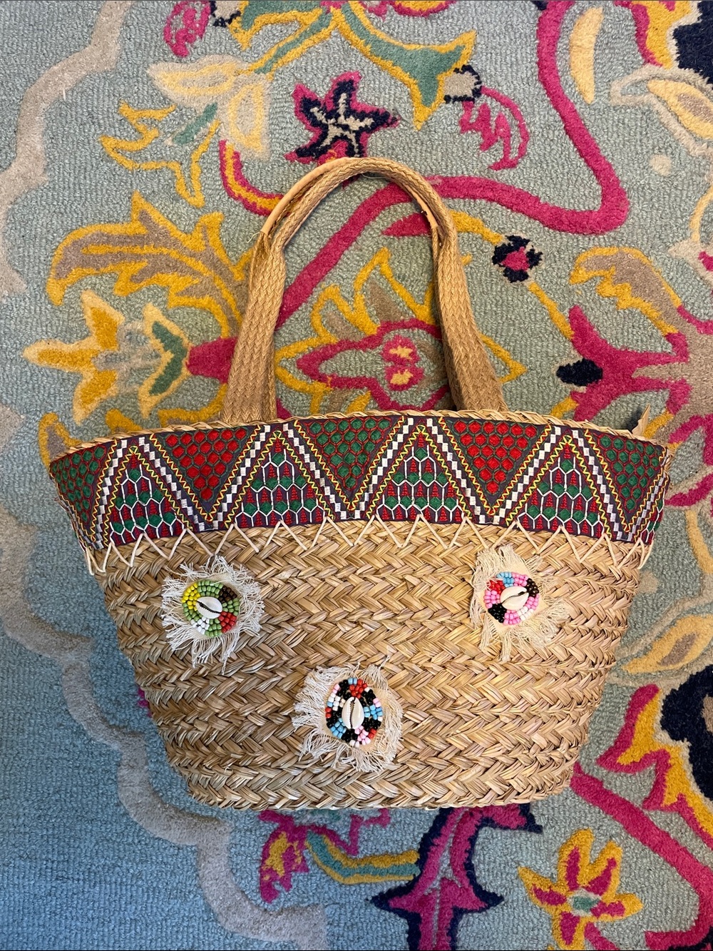 Sun N’ Sand Woven Straw Tote Bag with Multicolor Beaded Trim